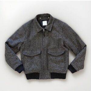 Sandro Paris Aviator Jacket Grey Black Wool Blend Herringbone Tweed Mens Large